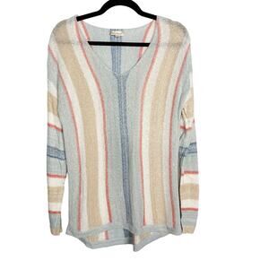 New Hem & Thread Medium Blue Cream Striped Lightweight Knit VNeck Sweater Cotton